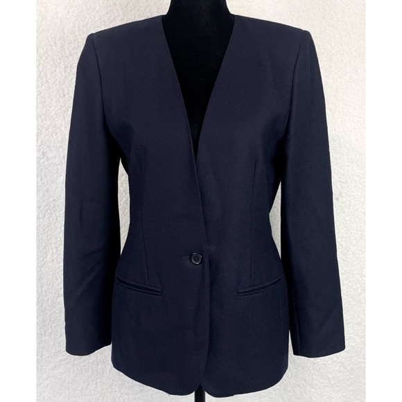 (VTG) JASON PRESCOTT • Petites Navy Blue Structured Pure Wool Blazer Jacket - Picture 2 of 13